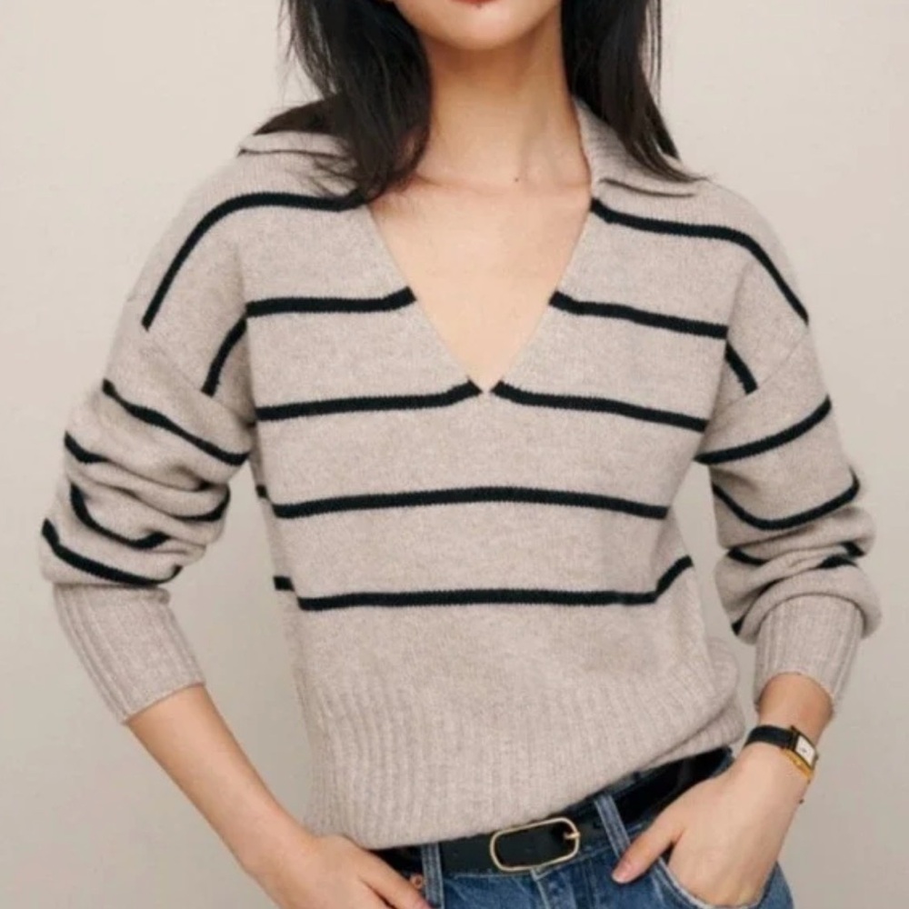 Reformation cashmere striped v neck sweater- xs